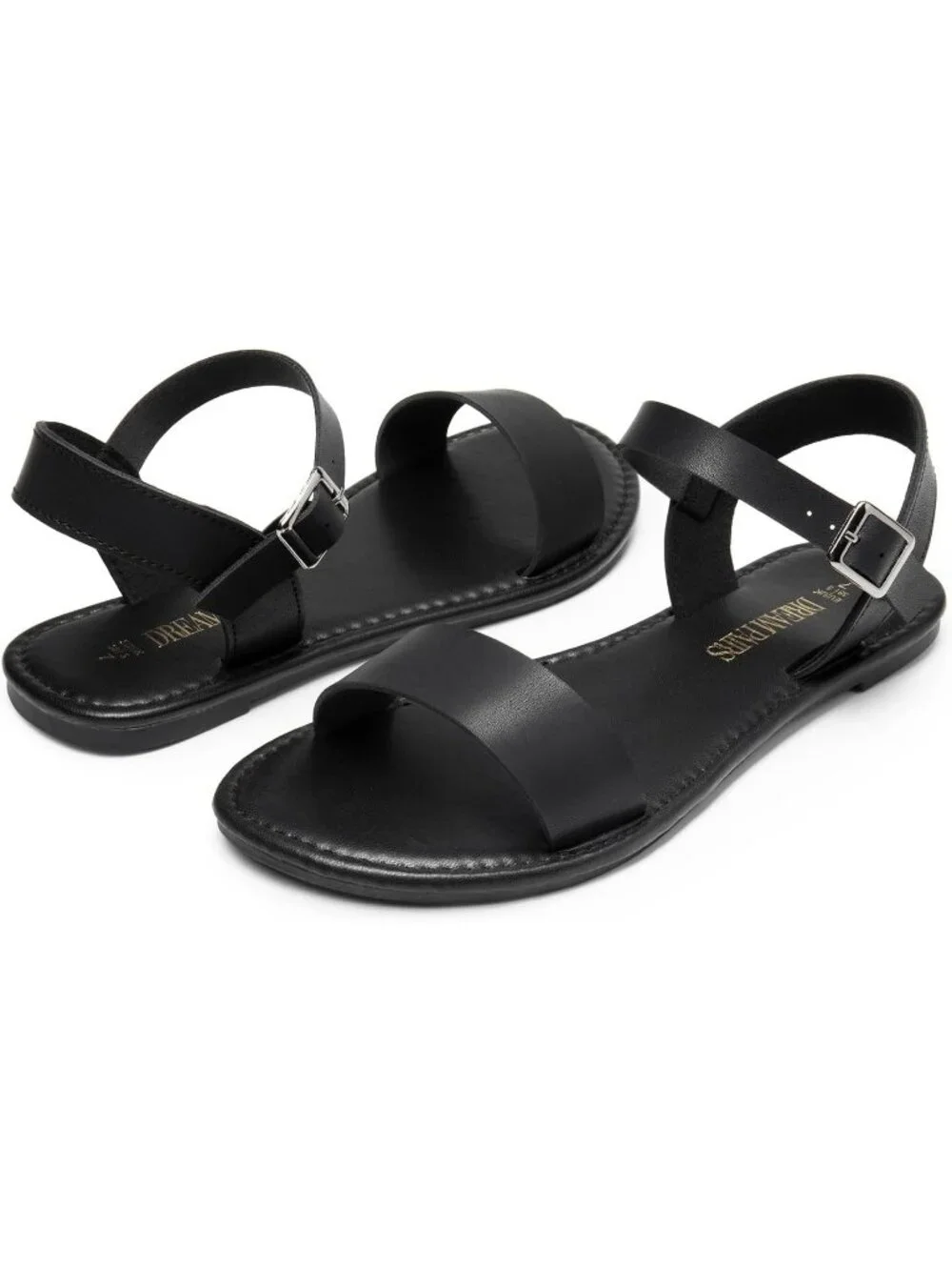 Women's Black Monochrome Ankle Strap Flat Open Toe One Band Buckle Summer Sandal